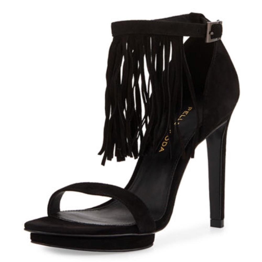 Black suede heels with fringe ankle strap